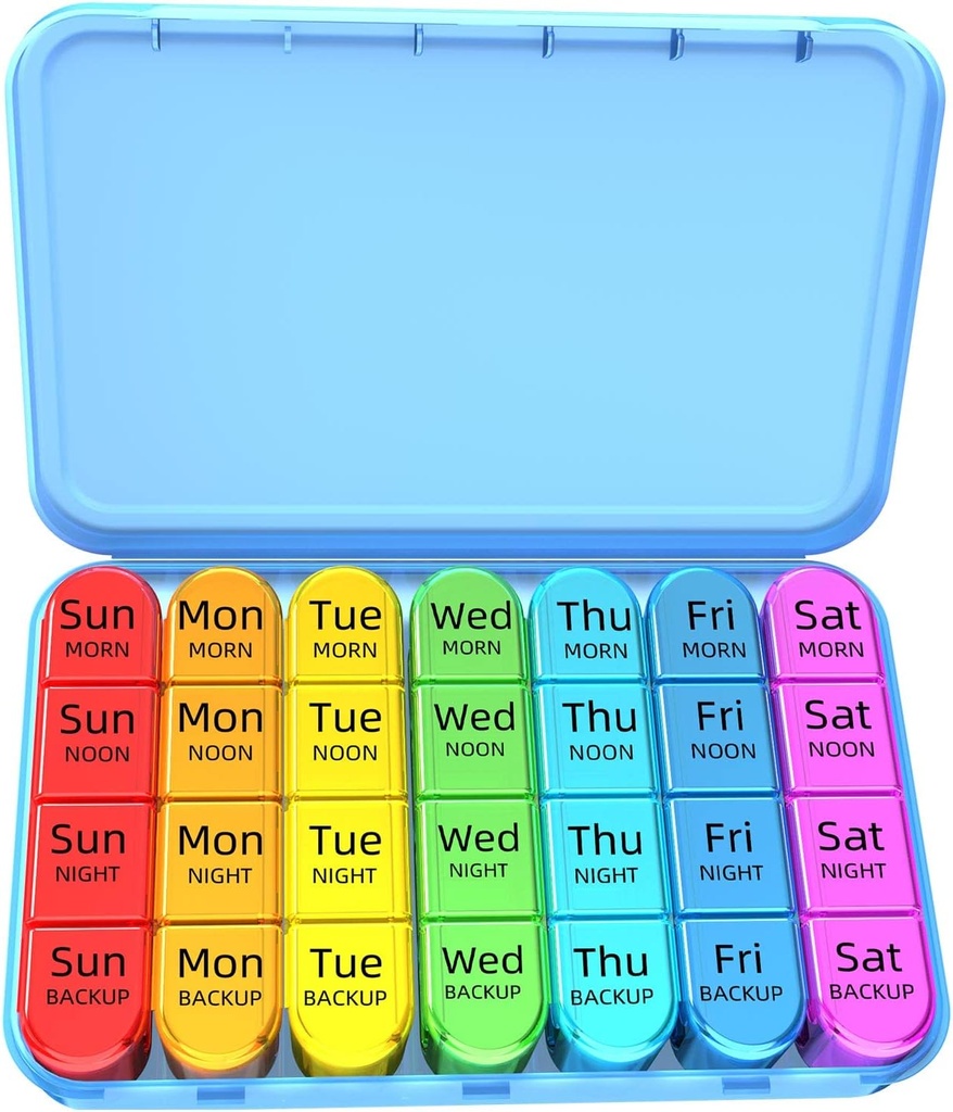 Odaro Weekly Pill Organizer 4 fois par jour, boîte quotidienne à pilules 7 jours, grand cas de pilule de voyage avec 28 compartiments pour tenir la médecine, la vitamine et le supplément - cas bleu