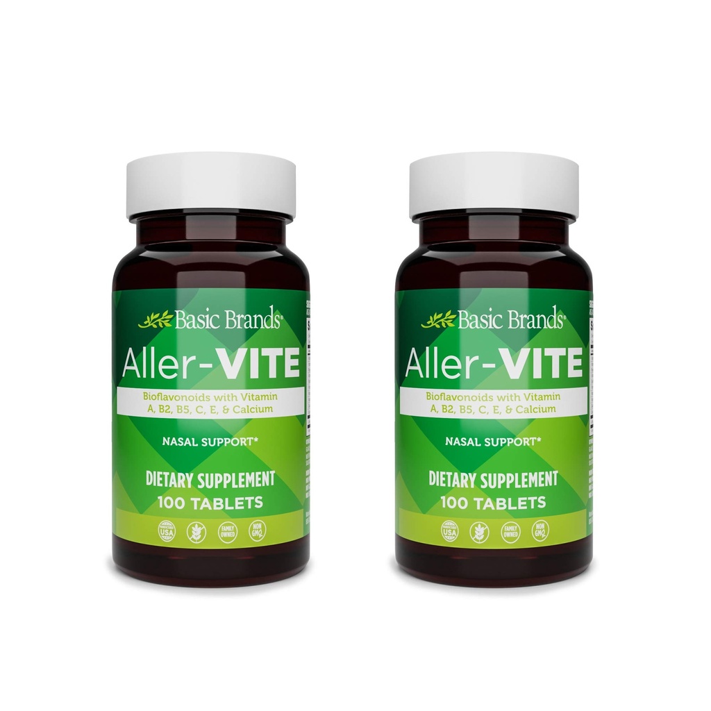 Marques de base Aller-Vite - Comprimés antiallergiques naturels - Sinus homéopathique et soutien nasal avec bioflavonoïdes, vitamines A, B2, B5, C, E et calcium - 100 Comprimés végétaliens - 2-Pack