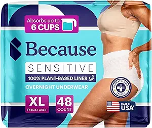 Parce que l'incontinence des adultes sous-vêtements pour la peau sensible - Femmes - Slips jetables de nuit premium, anti odor - blanc, X-Large - Absorbe 6 tasses - 48 Compte (4 paquets de 12)
