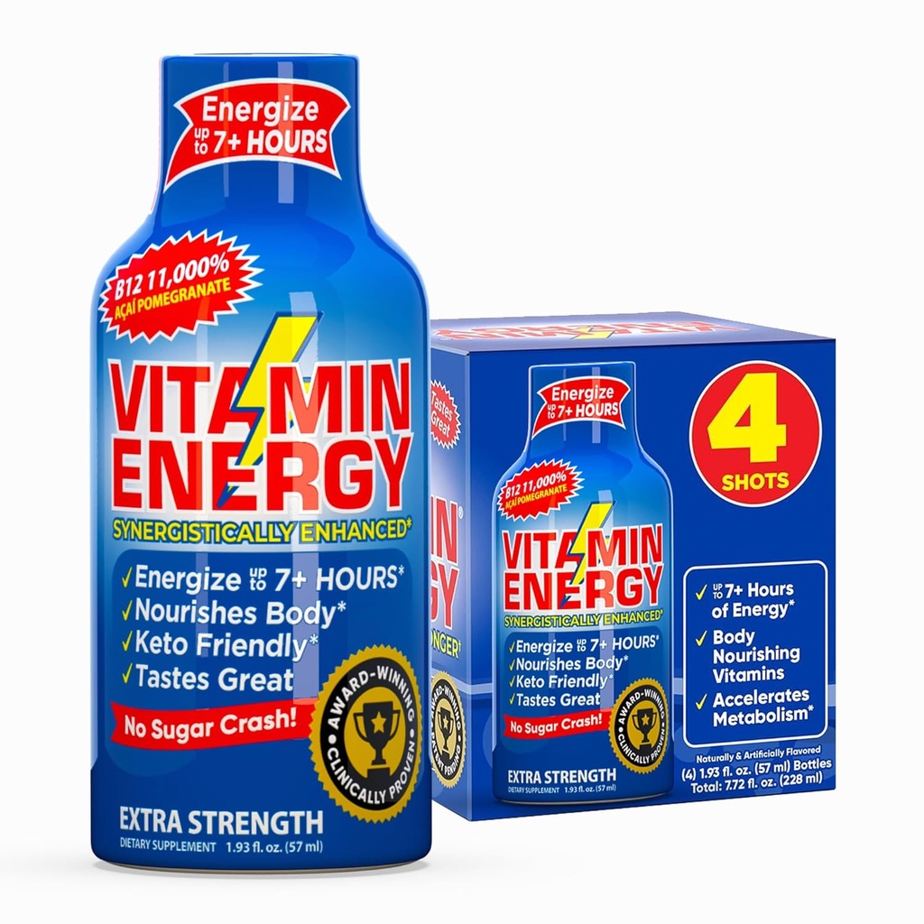 Vitamine Energy B12 11,000% Extra Strength Energy Shot Açaí grenade 4 Pack, 260mg Caféine naturelle, B12 & B6, Nootropic Focus, Vitalité, Zéro Sucre, Sans gluten, Vegan, Kosher, 1.93 fl oz