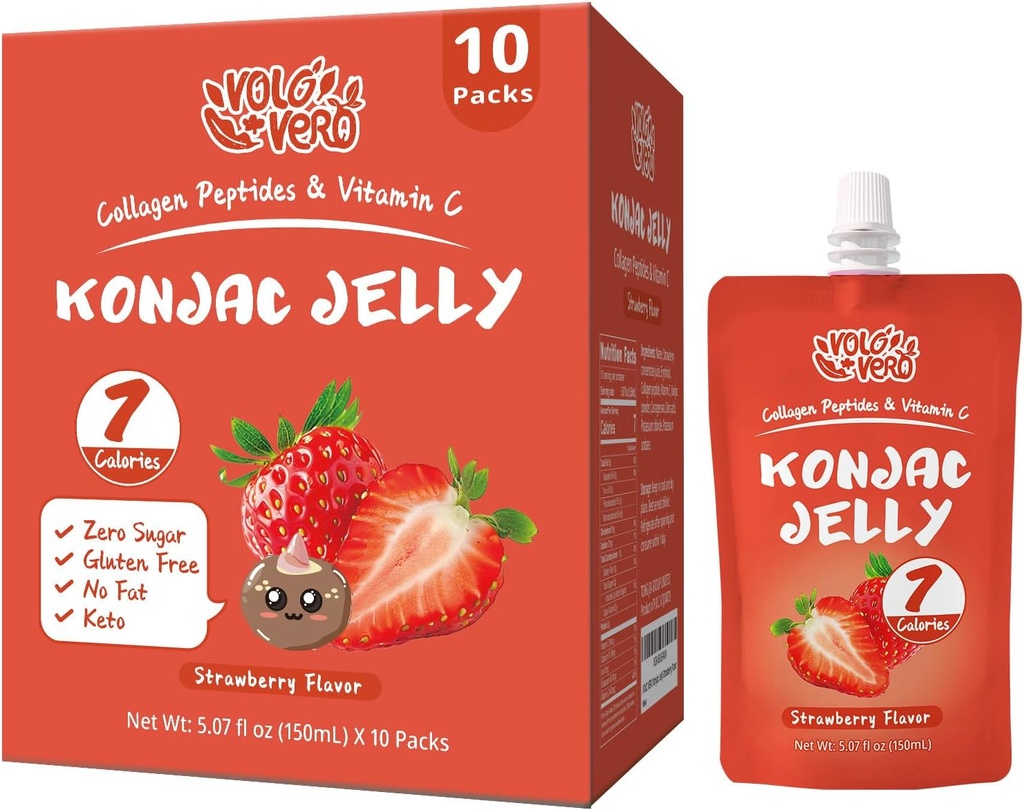 Konjac Jelly Pouch Saveur de fraise potable, 7 calories, sans gluten, sucre zéro, kéto, peptides de collagène et vitamine C, collations de fruits sains à faible teneur en gras, cadeaux de vacances, 10 paquets