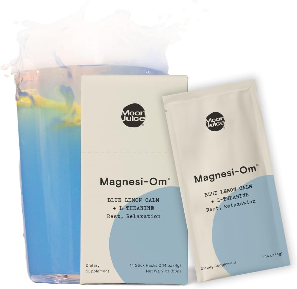 Jus de lune - Magnési-Om, Citron Bleu - Bâtons (18 portions) - Soutien Santé du cerveau, Repos - Poudre de magnésium - L-Theanine - Régularité - Composable - 100% Traçable - Vegan, Non OGM - 0,14oz