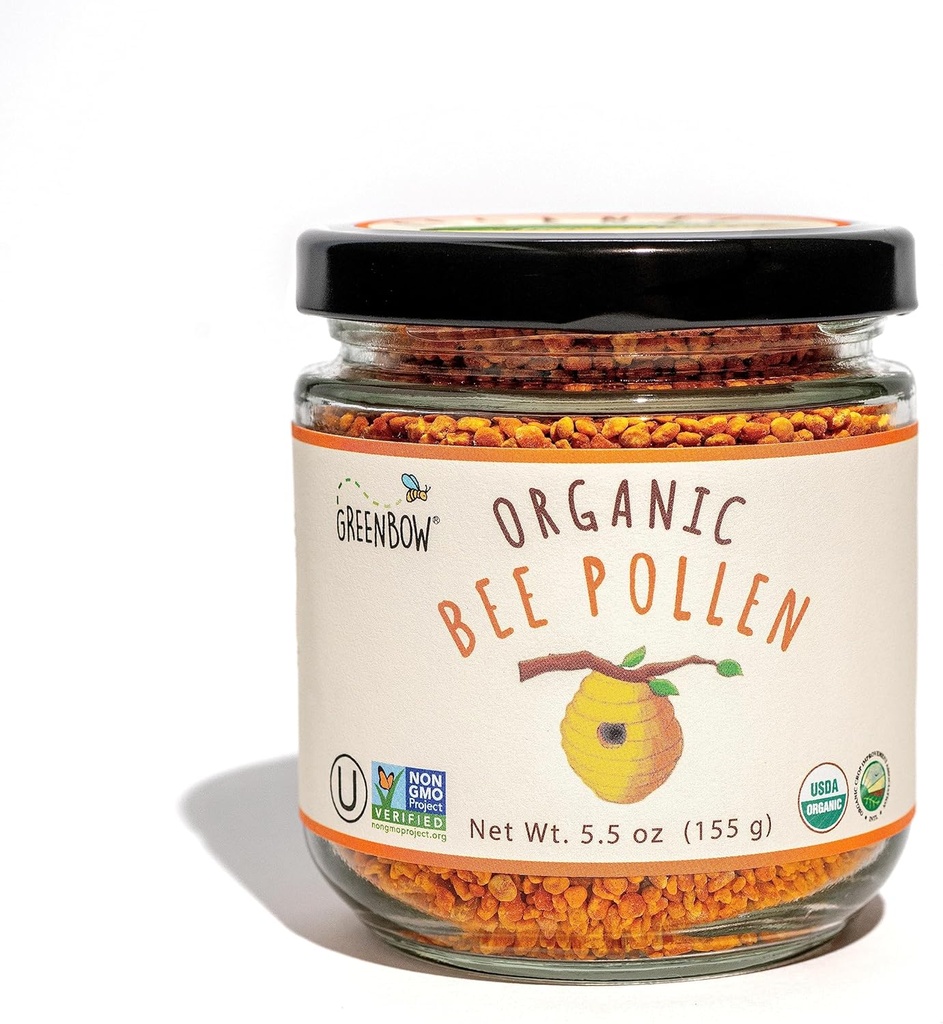 Pollen bio d'abeilles Greenbow - 100% USDA certifié biologique, non-OGM, halal, kasher certifié, pur et naturel de l'abeille Pollen - Superaliment emballé avec des protéines, vitamines et minéraux - sans gluten - 155g