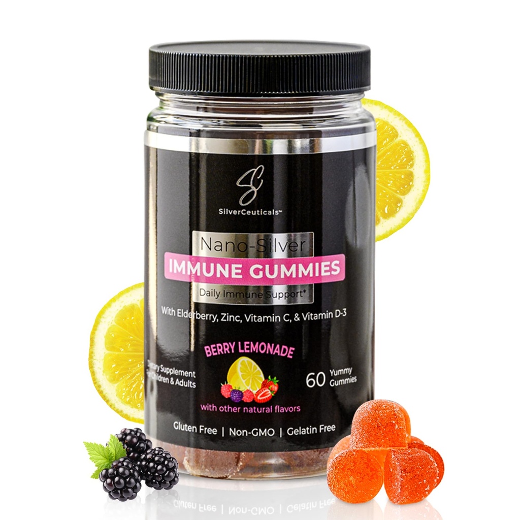 Immune Gummies - Sambucus Elderberry - Vitamine C & D - Zinc - Sauvez vos jours de maladie - Enfants et adultes - 4 ans et plus - Argent nanocolloïdal - Sans gluten et gélatine Non-OGM - Lémonade de baies - Compte 60