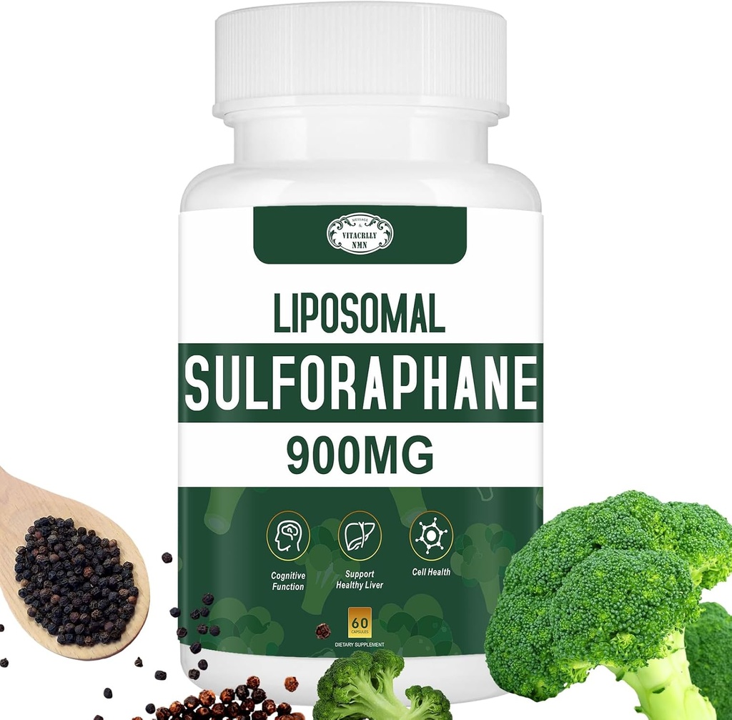 900MG Supplément de sulforaphane liposomique Extrait de brocoli, Supplément hépatique pour antioxydant, Digestion, Santé cellulaire 60 Capsules