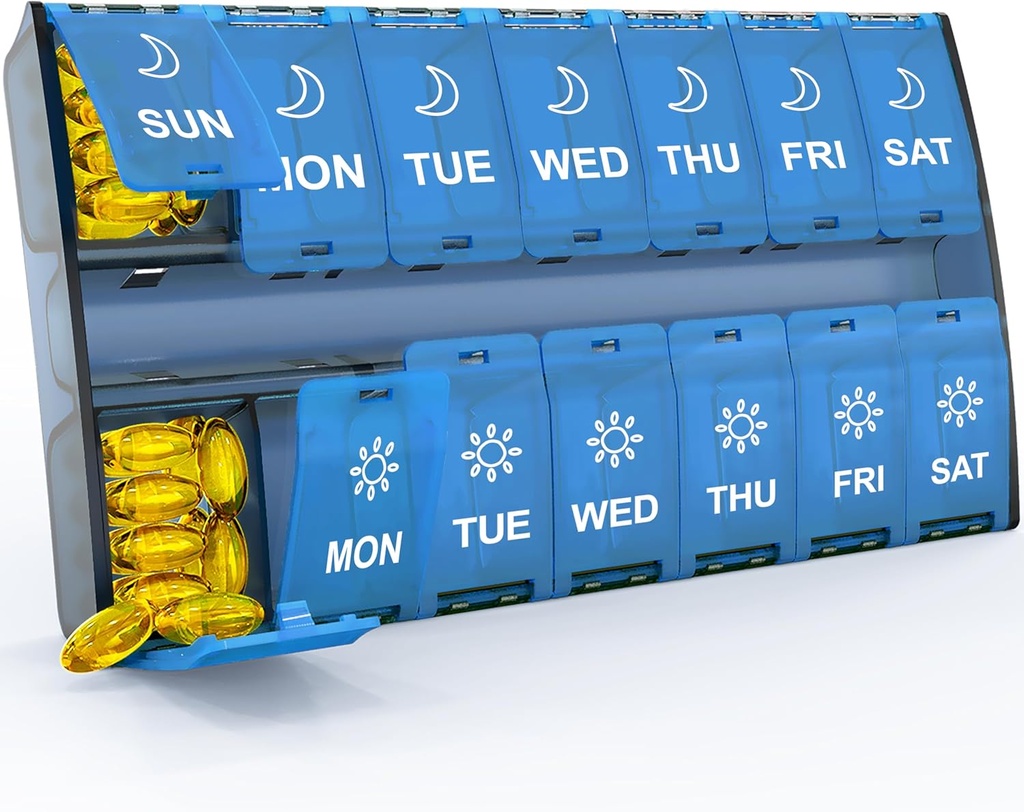 XL Large Weekly Pill Organizer 2 fois par jour, Hinged Lids Daily Vitamine Pill Box Holder Am Pm, Big Pill Container 7 jours, Medicating Organizer Deux fois par jour, Medicine Organizer for Supplement