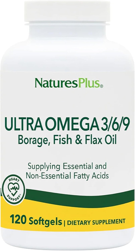 Natures Plus Ultra Omega 3 6 9-1200 mg, 120 Softgels - Huile de borage, huile de poisson, supplément d'huile de lin - Sans gluten - 120 portions