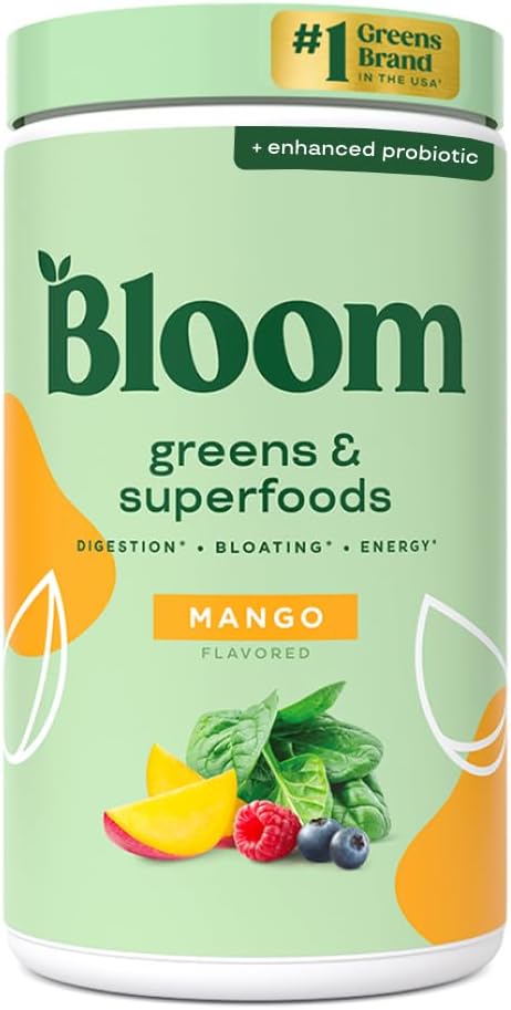 Bloom Nutrition Superfood Greens Poudre, Enzymes digestifs avec probiotiques et prébiotiques, Gut Health, Bloating Relief pour les femmes, Chlorella, Mélange de jus vert avec poudre de racine de betterave, 60 SVG, Mango