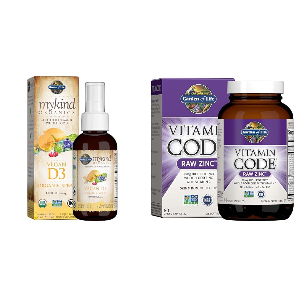 Jardin de la vie Organiques Vitamine végétalienne D3 Spray 1000 UI, Suppléments de zinc 30mg - Vitamine C, Immune et santé de la peau