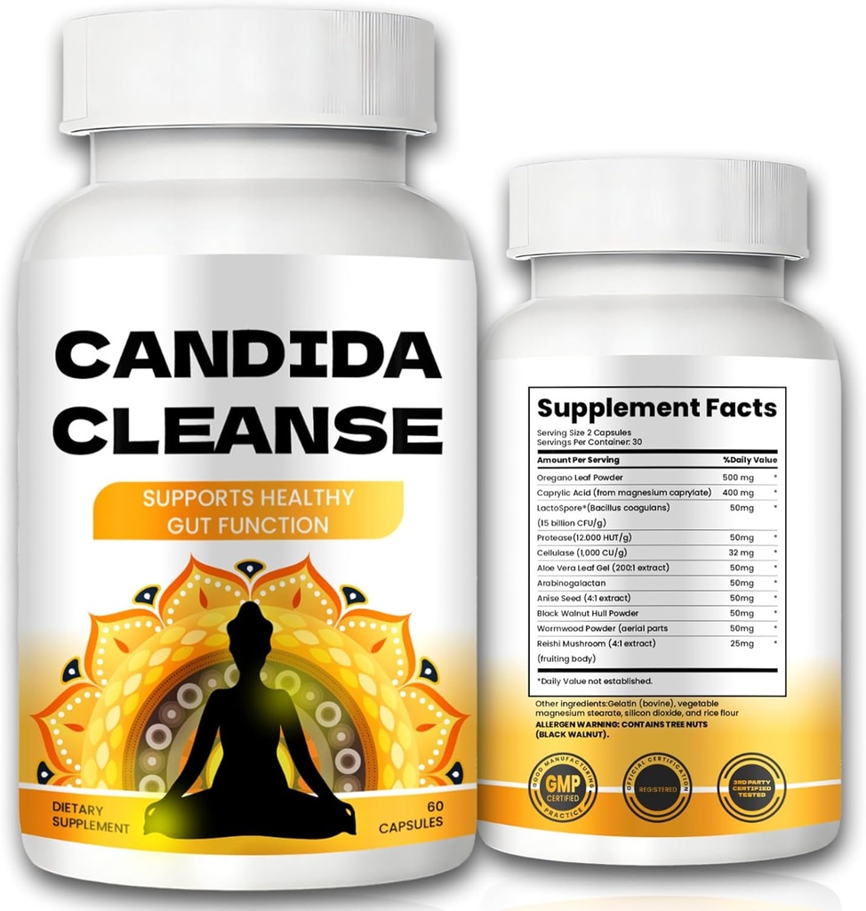 Candida Cleanse - Support Gut & Colon, Formule avancée - Origan Feuille, Wormwood, Noix noire, Acides Capryliques