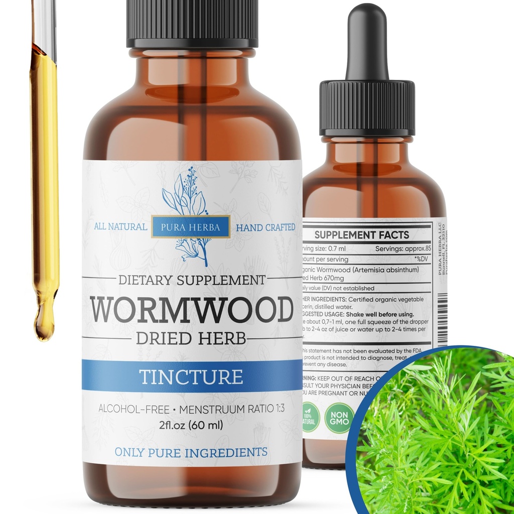 Teinture organique de bois de worm - Supplément à base de plantes pour la santé digestive et le soutien de la gueule - Nettoyage naturel - Sans alcool, Fabriqué aux États-Unis, 2 Fl Oz