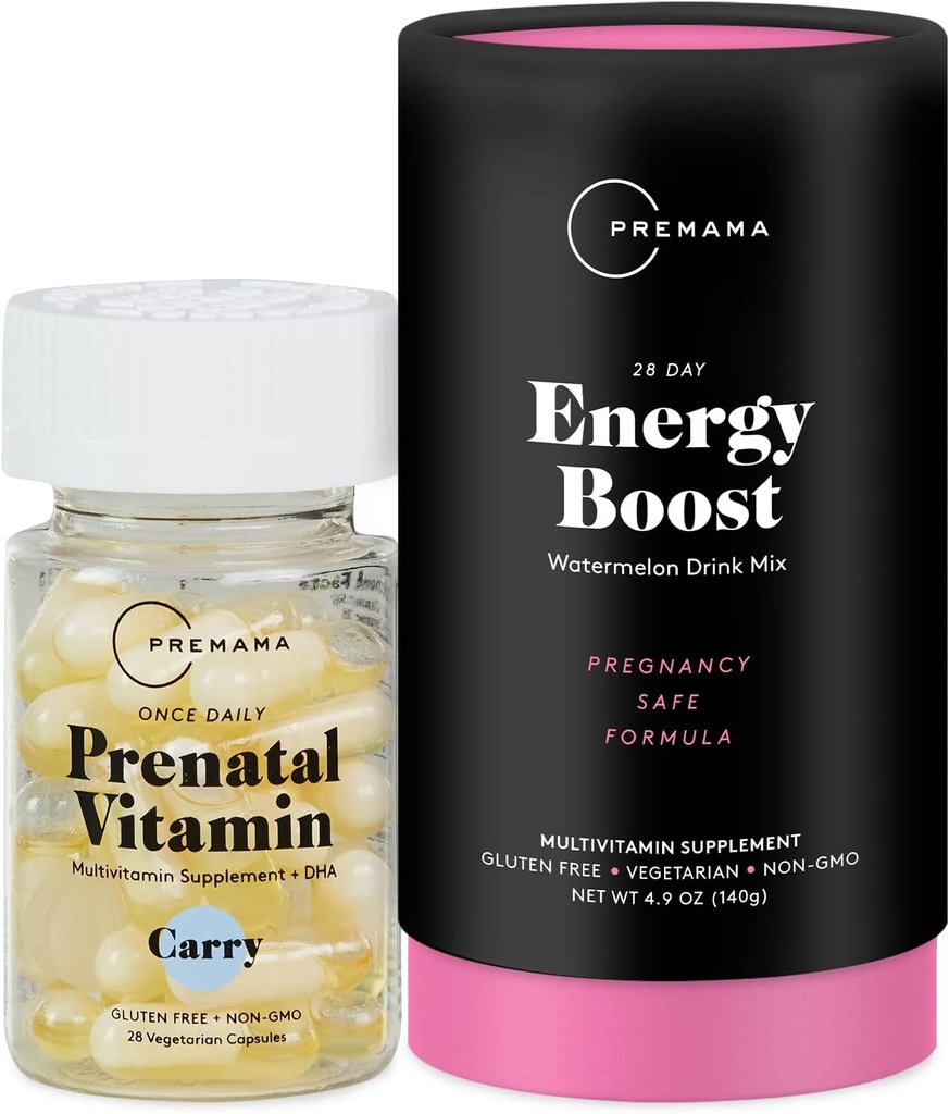 Premama Prenatal Vitamine Energy Boost Drink Mix & Prenatal Support Bundle, Omega 3, B Vitamines, DHA, Folate, 28 portions