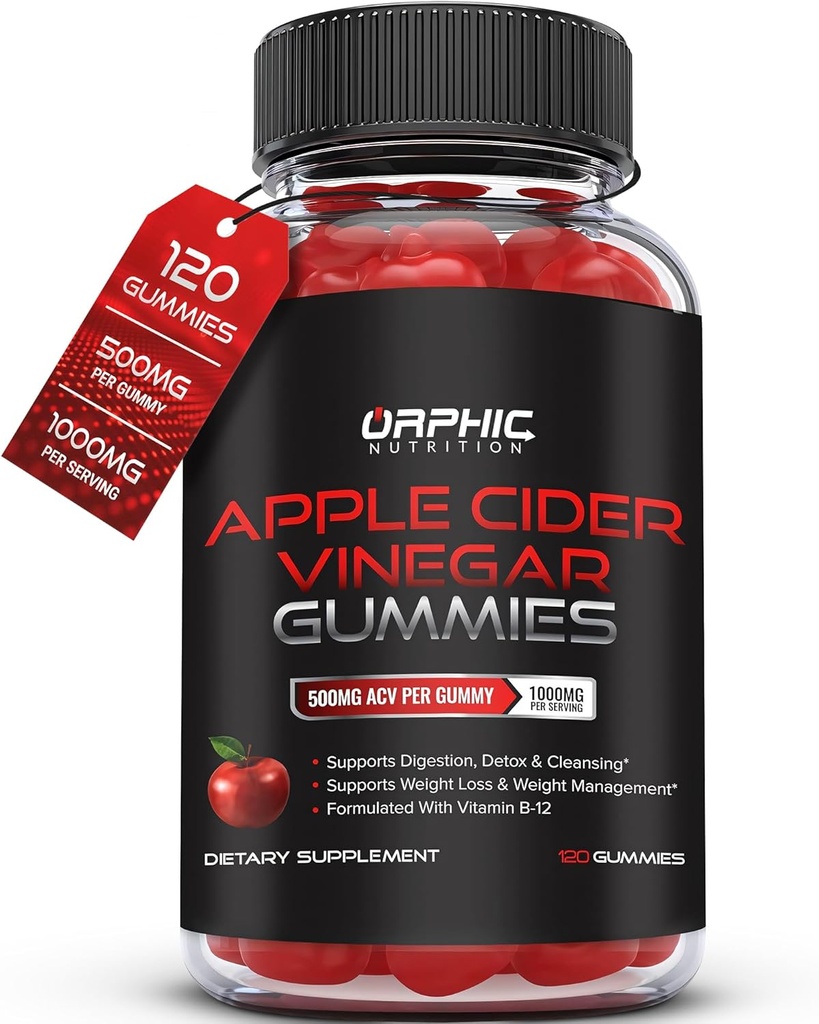 NUTRITION ORPHIQUE Gummes de vinaigre de cidre de pomme - 1000mg - Gummes de perte de poids ACV - Supports Digestion, Detox & Nettoyage - VIT B12, Beetroot - Gomitas de Vinagre de Manzana (120 pcs)