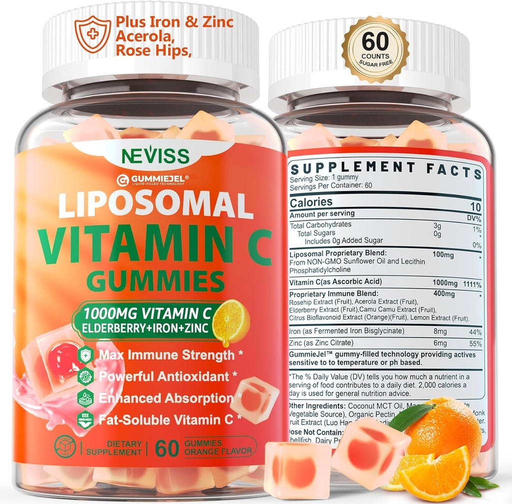 Vitamine liposomique C 1000mg Gommies pour les adultes - Vitamine C Chewable 1500mg avec 8mg Fer, Zinc et Elderberry - Immune Support, Supplément Immune Booster - pour l'énergie, Collagen Booster, 1pack sans sucre