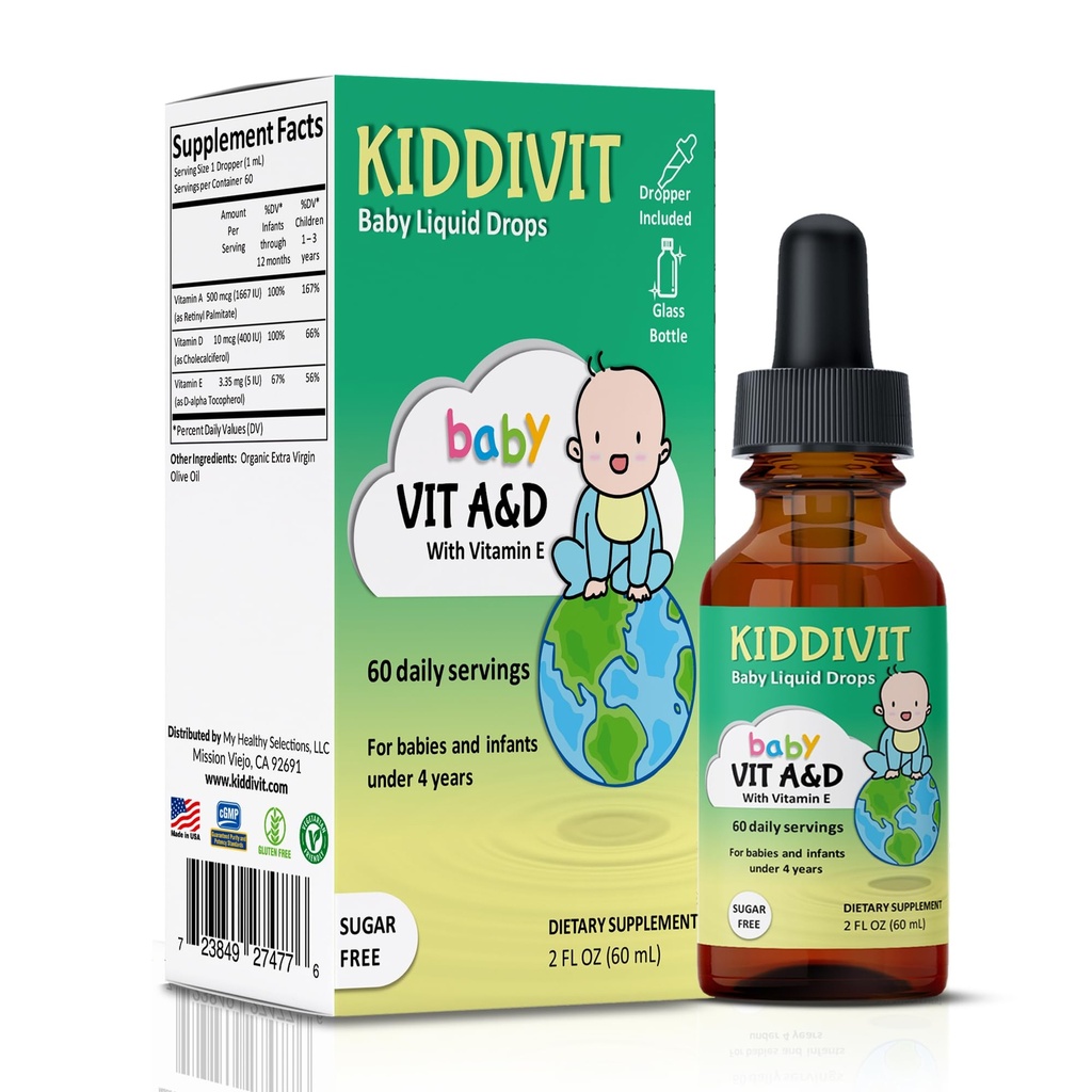 Kiddivit Baby Vitamine A & D gouttes liquides avec vitamine E – Supplément d'Immune douce et de soutien de la vision – 60 portions quotidiennes, goutteau inclus, bouteille de verre – sans sucre, sans gluten, végétarien, 2oz