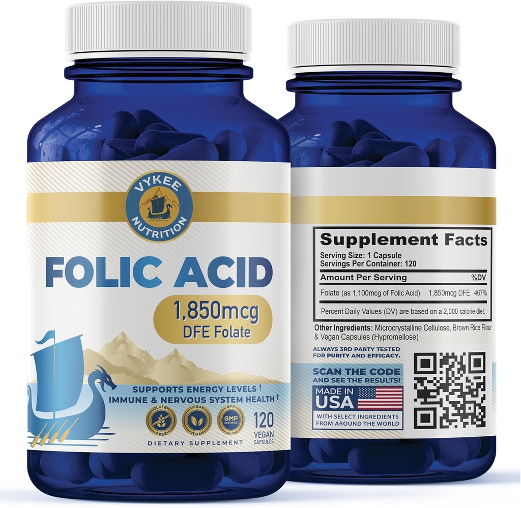 Supplément à l'acide folique – Vitamine à haut potentiel B9 1,870mg Folate de DFE, 1 100mg Acide folique, végétalien, non OGM soutient la santé cellulaire, la production d'énergie et le bien-être prénatal.