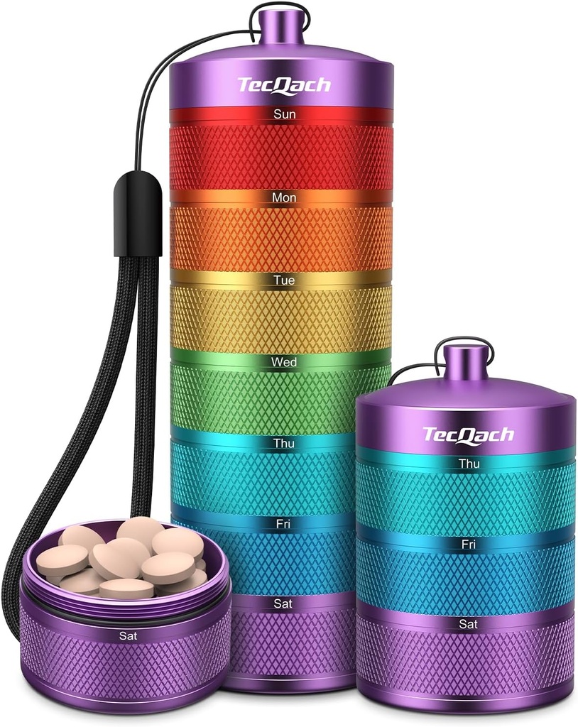 Organisateur de pilules de voyage en métal, boîte à pilules hebdomadaire étanche, grand conteneur portable en alliage d'aluminium, BPA gratuit 7 jours de médecine quotidienne Organisateur pour la vitamine, supplément, huile de poisson (7 Couleur)