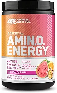 Optimum Nutrition New Flavor Amino Energy - Pré-entraînement avec le thé vert, BCAA, acides aminés, Keto Friendly, extrait de café vert, poudre d'énergie - lever de soleil tropical, 30 portions (emballage mai Vary)