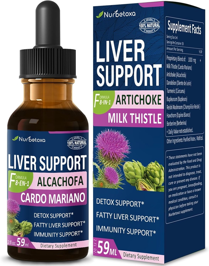 Milk Thistle & Artichoke Extract Liver Support Drops for Fatty Liver, Alcachofa, Curcuma y Cardo Mariano para el Higado Graso, Berberina para Bajar de Peso, Liver Detox & Repair Formula.2oz