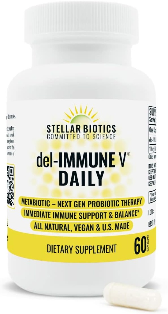 Del-Immune V Daily by Stellar Biotics, All-Natural Immmune Support & Gut Health, Soins immédiats, Métabiotique: NextGen Probiotic Therapy (60 capsules)