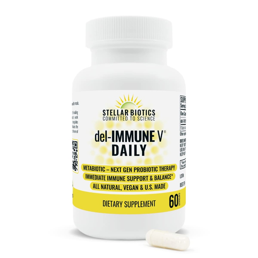 Del-Immune V Daily by Stellar Biotics, All-Natural Immmune Support & Gut Health, Soins immédiats, Métabiotique: NextGen Probiotic Therapy (60 capsules)