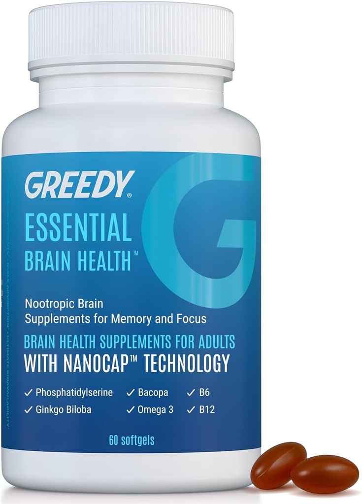 Suppléments Cerveau Nootropique pour la Mémoire et la Focus – Suppléments Santé Cerveau pour les adultes avec la technologie NanoCap®, Phosphatidylsérine, Bacopa, Ginkgo Biloba, Omega 3, B6 B12, 60 Softgels par Greedy®