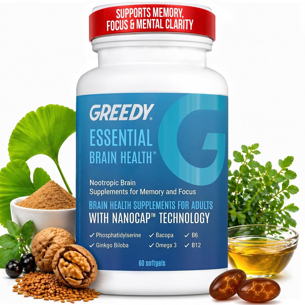 Suppléments Cerveau Nootropique pour la Mémoire et la Focus – Suppléments Santé Cerveau pour les adultes avec la technologie NanoCap®, Phosphatidylsérine, Bacopa, Ginkgo Biloba, Omega 3, B6 B12, 60 Softgels par Greedy®