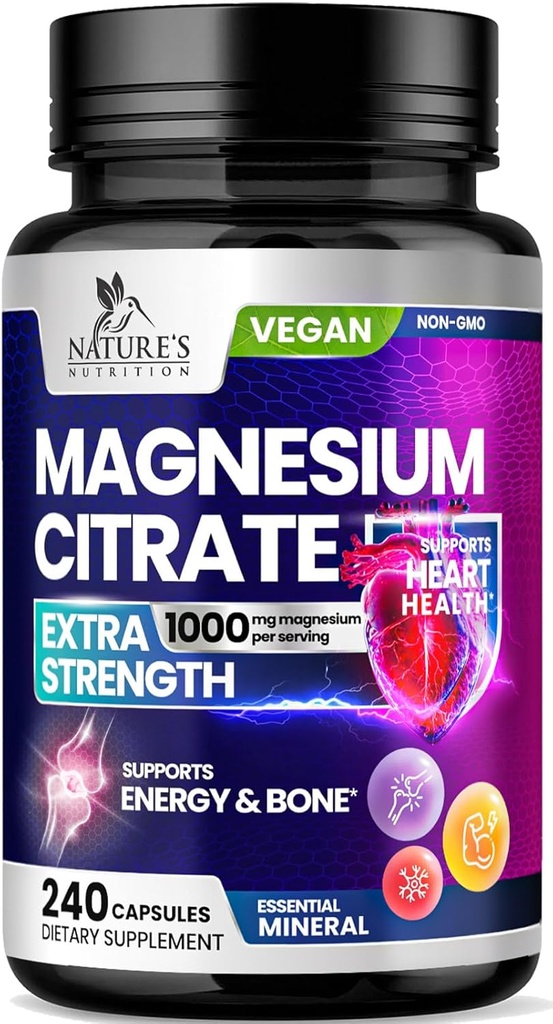 Supplément de Citrate de magnésium 1000mg - Suppléments de magnésium de force 3X pour os, muscles, coeur, soutien du sommeil de la nature pour les hommes et les femmes, Vegan Mag Mineral, non-OGM, mis en bouteille aux États-Unis, 240 Capsules