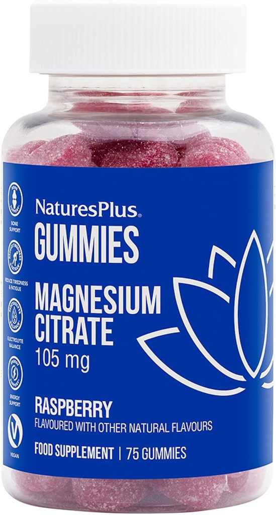NaturesPlus Gummies Citrate de magnésium - 75 Gummies, framboise - Aide à calmer l'esprit et le corps, soutient la densité osseuse - végétarien, sans gluten, non-OGM - 25 portions