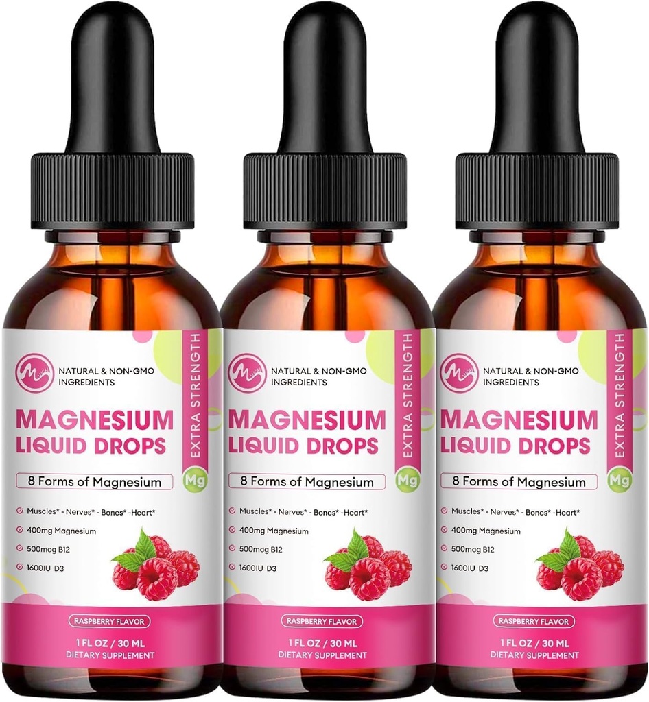 (3 Pack) Pertes liquides de magnésium - Supplément complexe de magnésium 8 en 1 avec glycinate de magnésium, citrate, malate, taurate, pour le cerveau, la nuit, le muscle, os, crampes, framboise