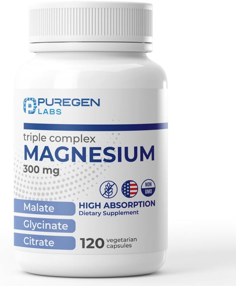 Puregen Labs Triple Magnésium Complex 300mg de glycinate de magnésium, de malate et de citrate [haute absorption] 120 Capsules de Veg