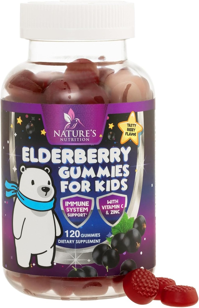 Kids Immune Support Elderberry Gummies - Daily Children's Vitamins C, Zinc & Kids Immunity Support Gummy - Nature's Sambucus Elderberry Supplement, Vegan, Gluten-Free, Tasty Berry Flavor - 120 Gummies