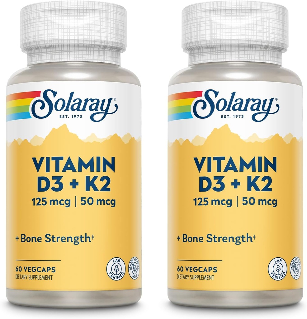 SOLARAY Vitamine D3 + K2, Vitamines D & K pour l'absorption de calcium et le soutien pour le système cardiovasculaire et les artères sains, non OGM et sans soja