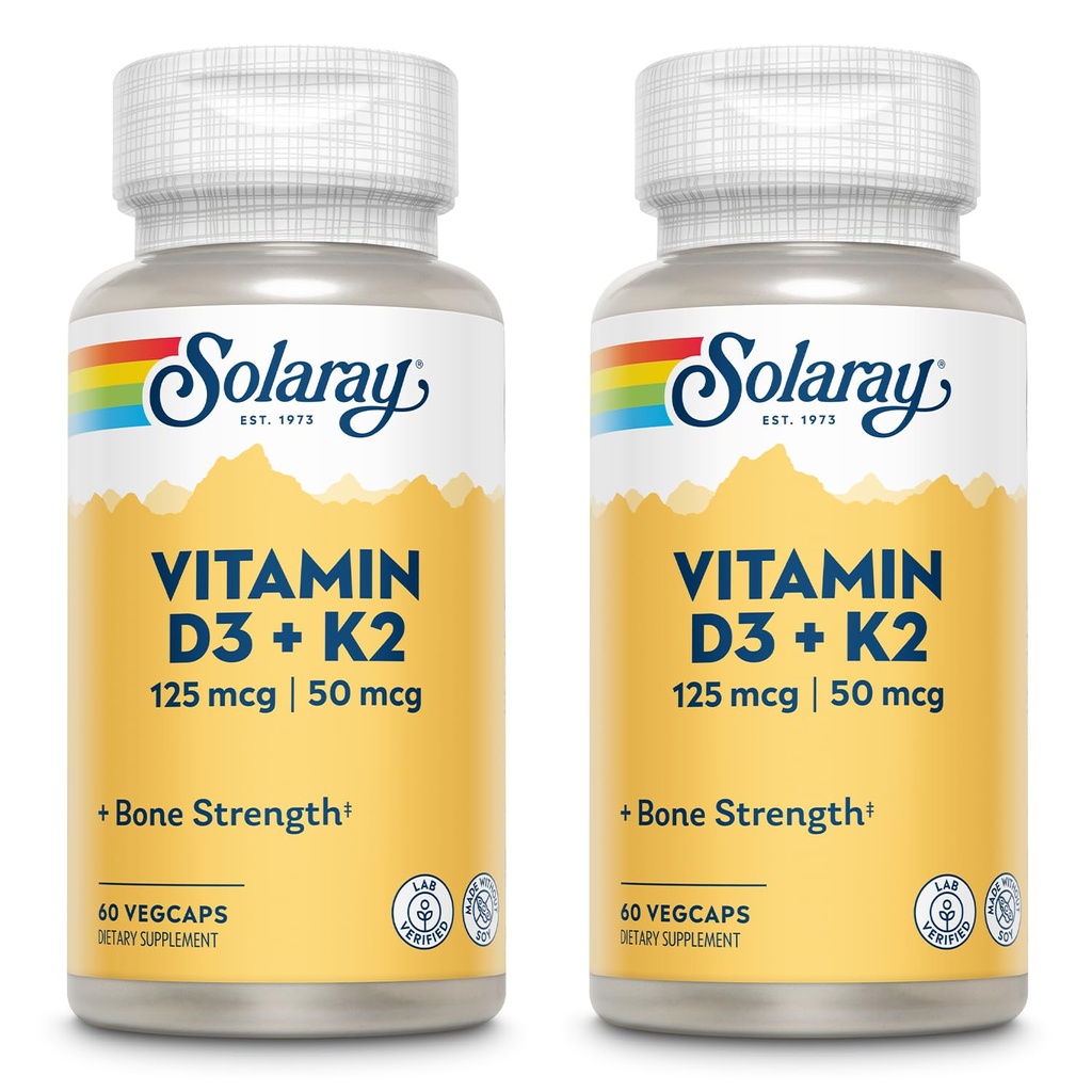 SOLARAY Vitamine D3 + K2, Vitamines D & K pour l'absorption de calcium et le soutien pour le système cardiovasculaire et les artères sains, non OGM et sans soja