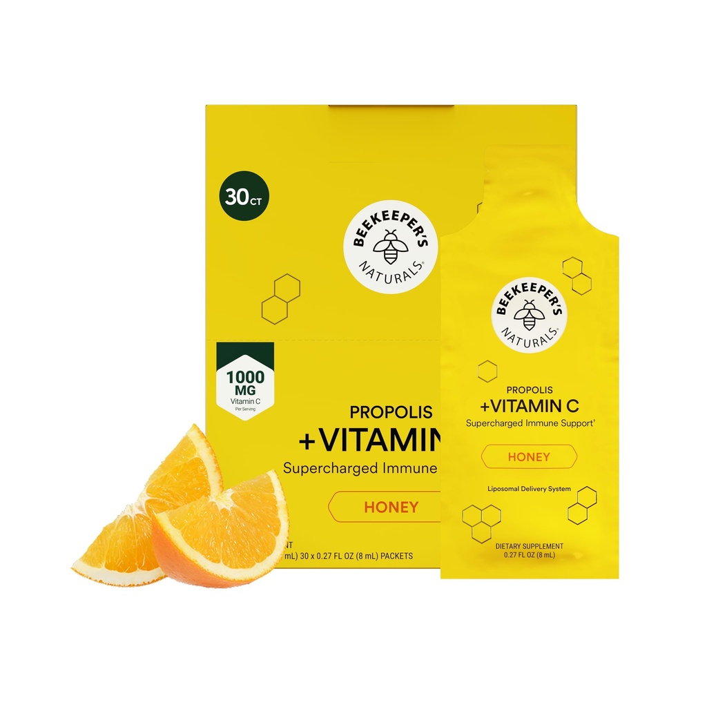 Propolis Liposomique Vitamine C par Beekeeper's Naturals, 1000mg Vitamine C, Propolis et miel biologique, Supercharged Immune Support et Bioavailibity Augmentation pour Max Absorption, 30 Ct