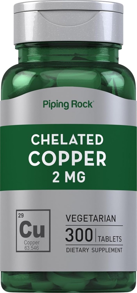 Piping Rock Chelated Copper 2 mg Supplement | 300 Tablets | Vegetarian, Non-GMO, Gluten Free