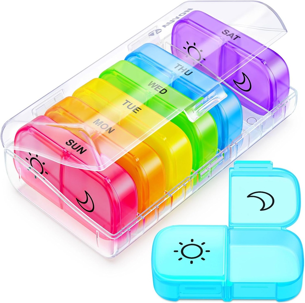 AUVON XL Hebdomadaire Pill Organizer 2 fois par jour avec grande ouverture pour le remplissage facile, AM PM Pill Box 7 Jour en couleurs arc-en-ciel, Portable Travel Pill Case pour les médicaments, vitamines, huiles de poisson, suppléments