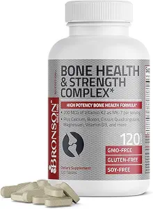 Bronson Bone Health & Strength Complex* Formule de haute puissance 200 MCG de vitamine K2 comme MK7, Plus Calcium, Boron, Cisus Quadrangularis, Magnésium, Vitamine D3, et plus - Non-OGM, 120 comprimés