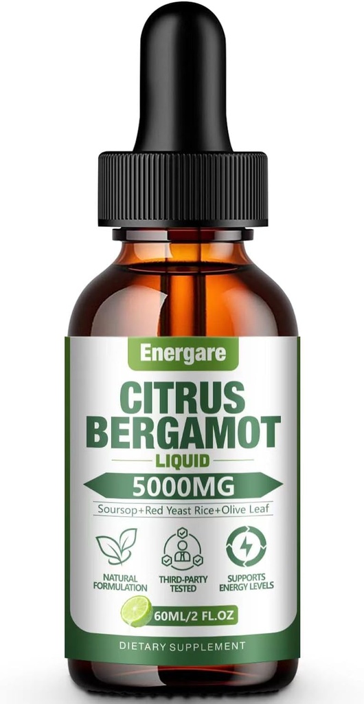 1 Pack 5000MG Citrus Bergamot Liquid Drops Supplément pour haute teneur en cholestérol-Sursop, Riz de levure rouge, Olive Leaf-All-Natural, soutien de santé, soutien immunitaire, santé cardiaque et antioxydant, 2 Fl Oz