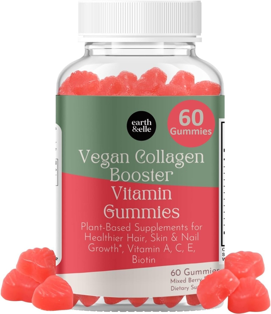 terre & elle Vegan Collagen Booster Gummies pour les femmes avec la biotine et les vitamines - Boosts ongles capillaires et la peau santé, anti-âge - Delicious Sugar Free Saveur - Facile à mâcher - 60 Compte