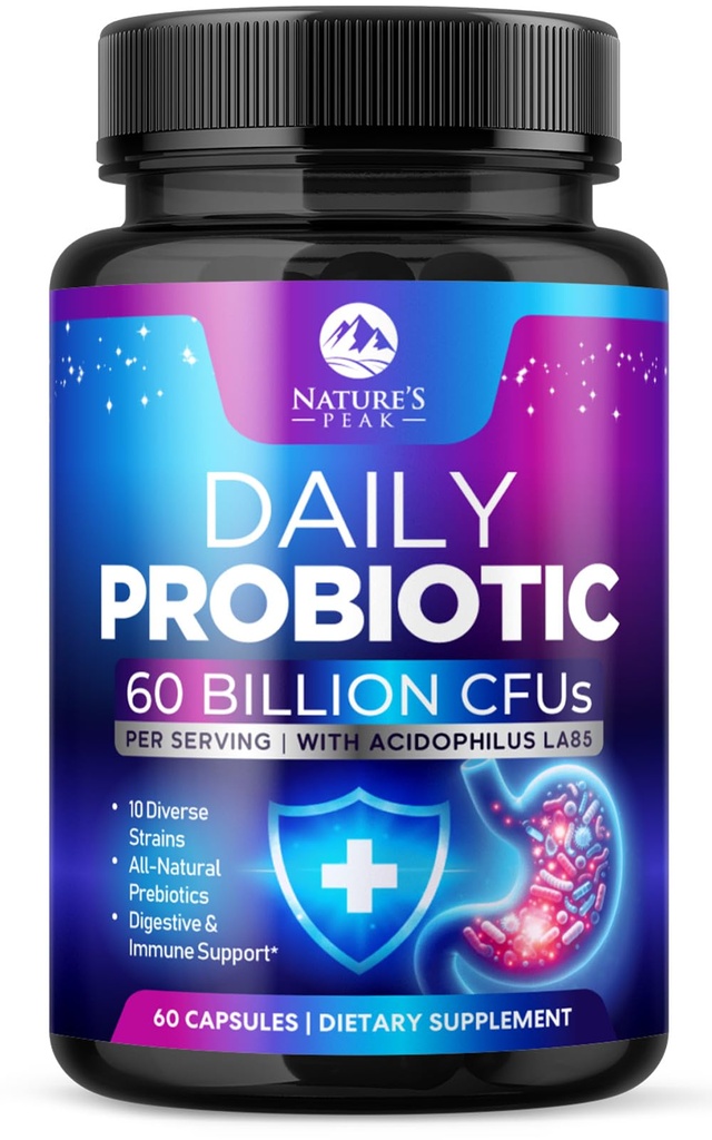 Probiotiques 60 milliards CFU - 10 souches + enzymes digestives et prébiotiques - Meilleur probiotique pour les femmes et les hommes, soutient l'immunité, la santé des intestins, la constipation occasionnelle, la diarrhée, le gaz et le ballonnement - 60 capsules