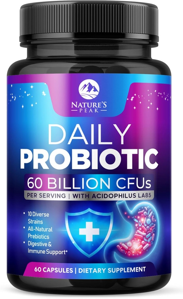 Probiotiques 60 milliards CFU - 10 souches + enzymes digestives et prébiotiques - Meilleur probiotique pour les femmes et les hommes, soutient l'immunité, la santé des intestins, la constipation occasionnelle, la diarrhée, le gaz et le ballonnement - 60 capsules