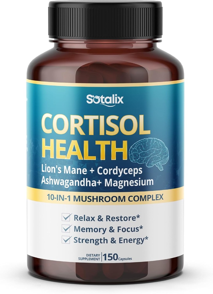 Cortisol Health Supplement with Magnesium, Ashwagandha, Lion’s Mane & 10 Mushroom Complex – Relaxation, Focus & Energy Support – 150 Capsules – Sotalix – USA Made, GMO-Free