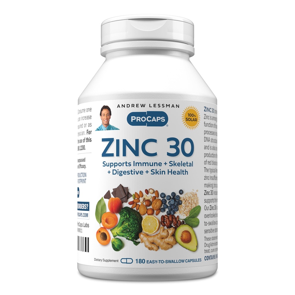 ANDREW LESSMAN Zinc 30mg - 180 Capsules - Citrate de zinc hautement absorbant. Soutient la santé immunitaire, squelettique, digestive et cutanée. Petites capsules faciles à avaler. Aucun additif