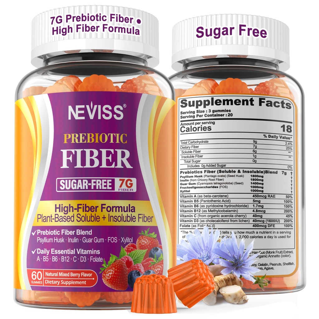 1Pack Gommies de fibre pour les adultes avec Psyllium Husk, 7G(Soluble + Insoluble) Fibre prébiotique quotidienne avec Inuline, FOS, Guar Gum, Multivitamines pour la santé quotidienne digestive, Support Gut de régularité, sans sucre
