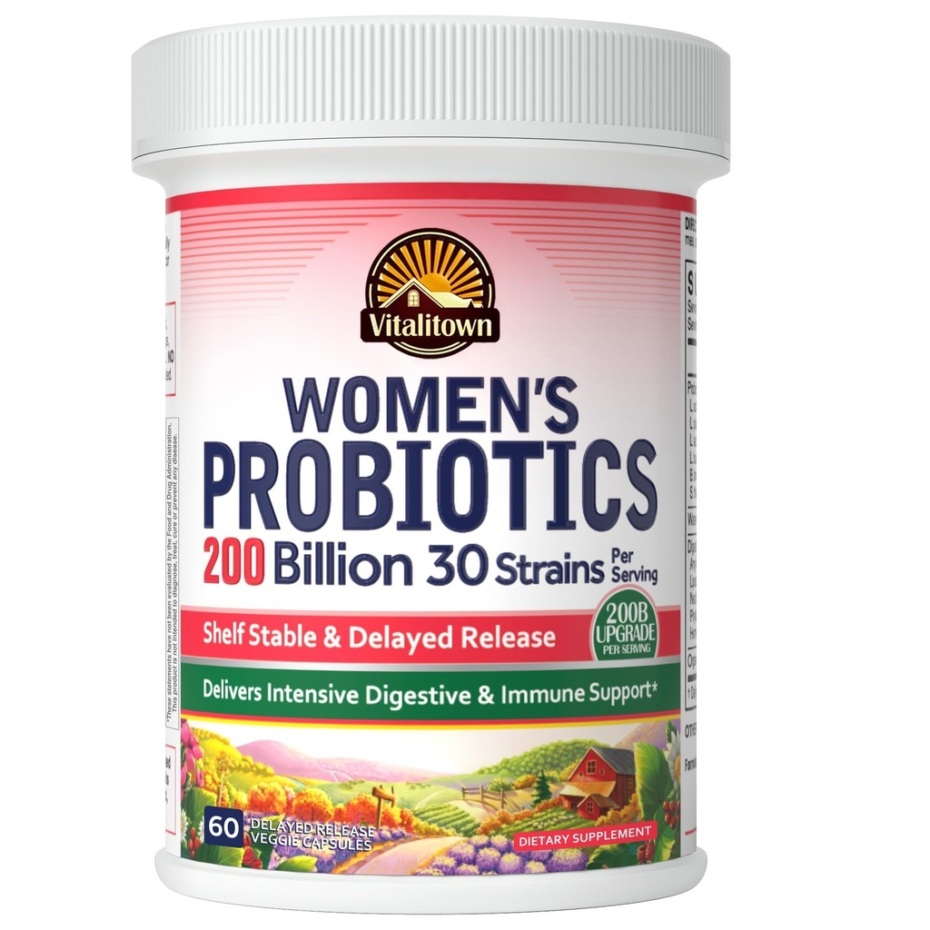 Vitalitown Femmes Probiotiques 200 milliards UFC 30 souches 60 ct.Stable stable, résistant à l'acide Récupérer de bonnes bactéries, un soutien intensif digestif et vaginal