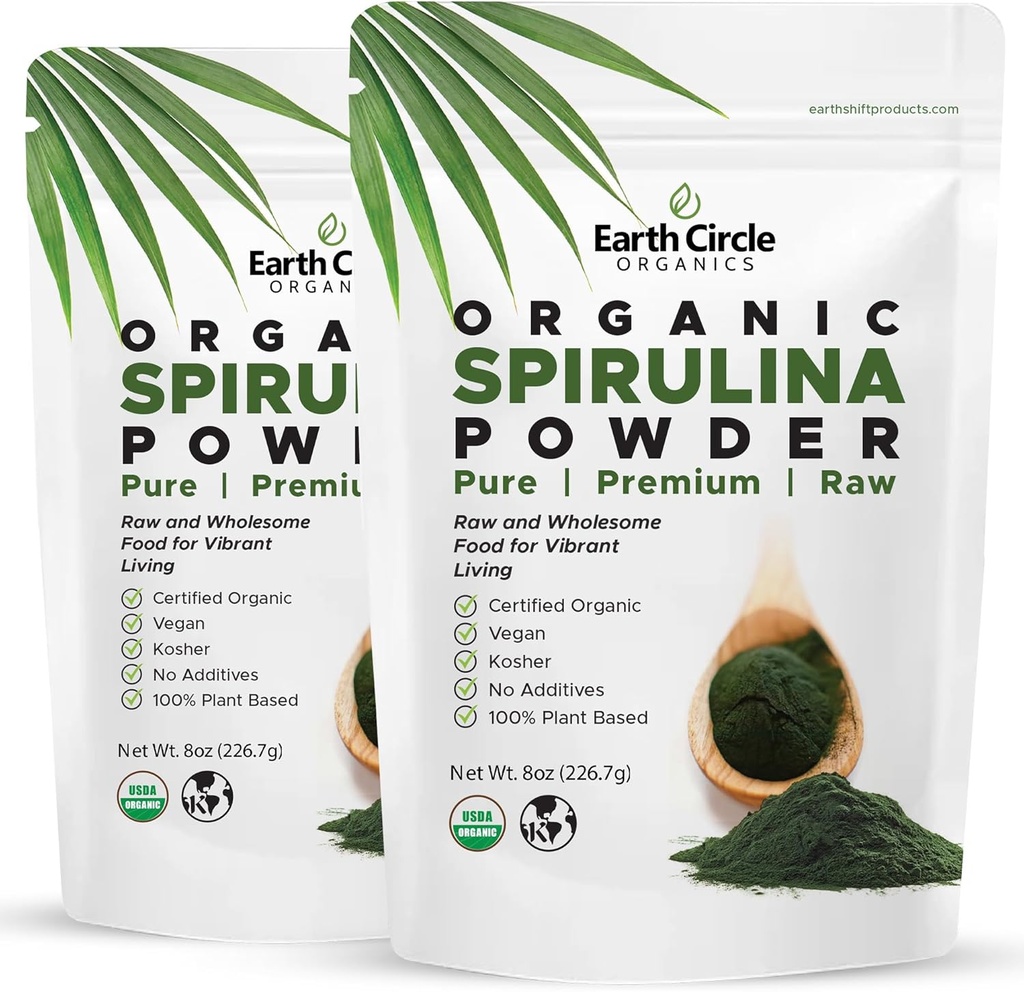 Earth Circle Organics Spiruline poudre, casher, cru et non irradié.Protéines végétales pures. Super-alimentation énergétique premium, élevée en acides aminés et antioxydants - (8oz - 2Pack)