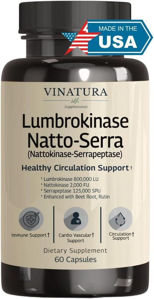 VINATURA Lumbrokinase, Nattokinase 2000FU & Serrapeptase - États-Unis Fabriqué et testé, Suppléments de circulation de Nattokinase Serrapeptase (Natto-Serra), Rutin, Beetroot, Supplément de lumbrokinase