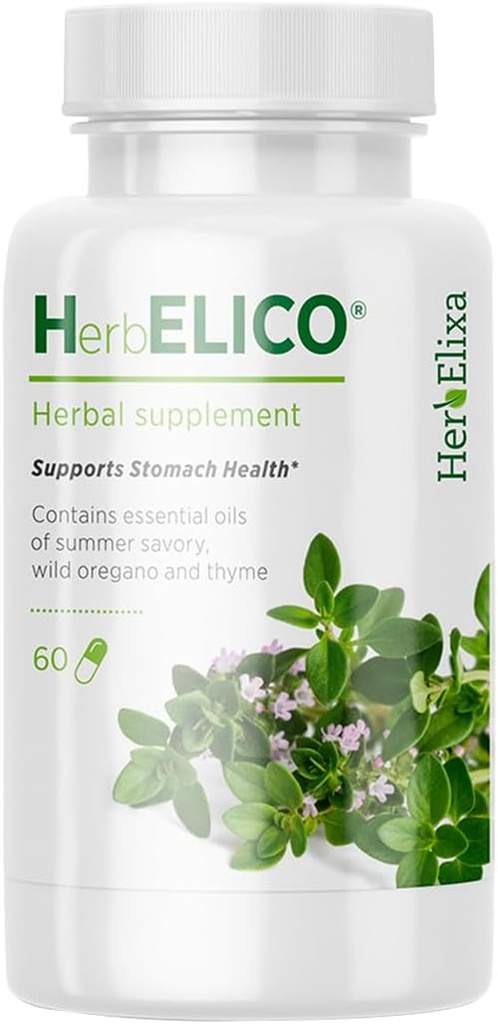 HerbELICO® - Origan sauvage, Thym & Huiles essentielles de savoureuse d'été Mélange méditerranéen, 60 Capsules, Herbal Addition addresses H. Pylori, Acid Reflux, Heartburn, Non-OGM & Sans gluten