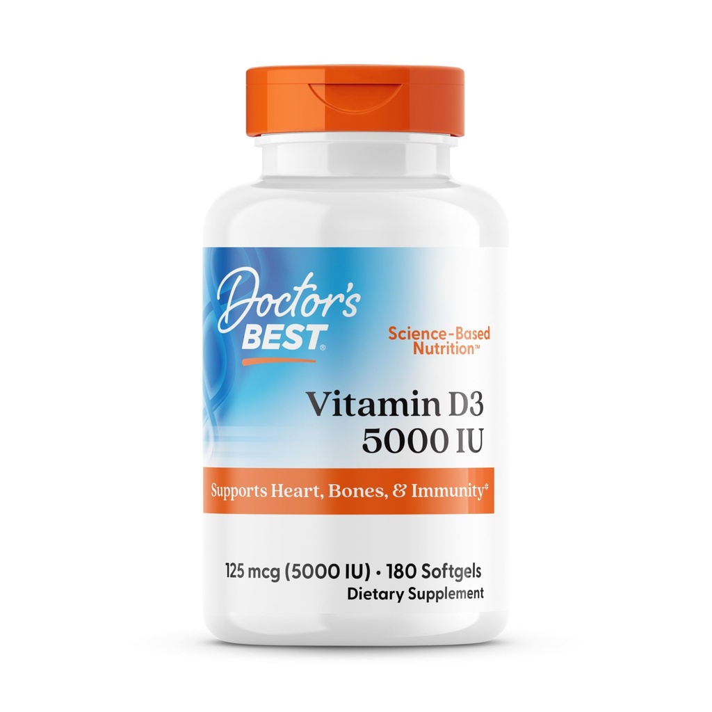 Doctor's Best Vitamin D3 5000IU, Non-GMO, Gluten & Soy Free, Regulates Immune Function, Supports Healthy Bones, White, No Flavour, 180 Count